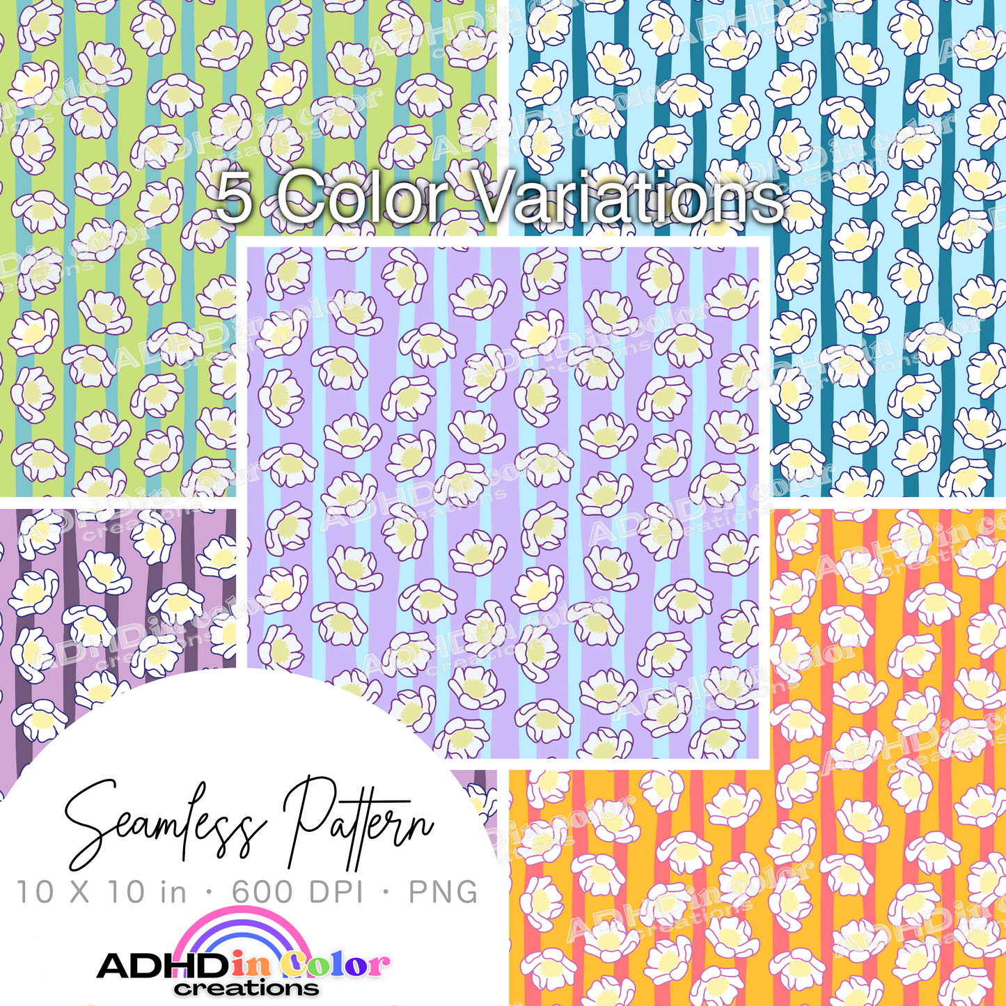 Wobbly Lines and Florals Seamless Pattern for Commercial Use