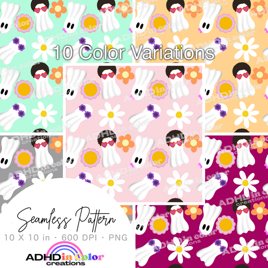 Groovy Ghosts and Florals Seamless Pattern for Commercial Use