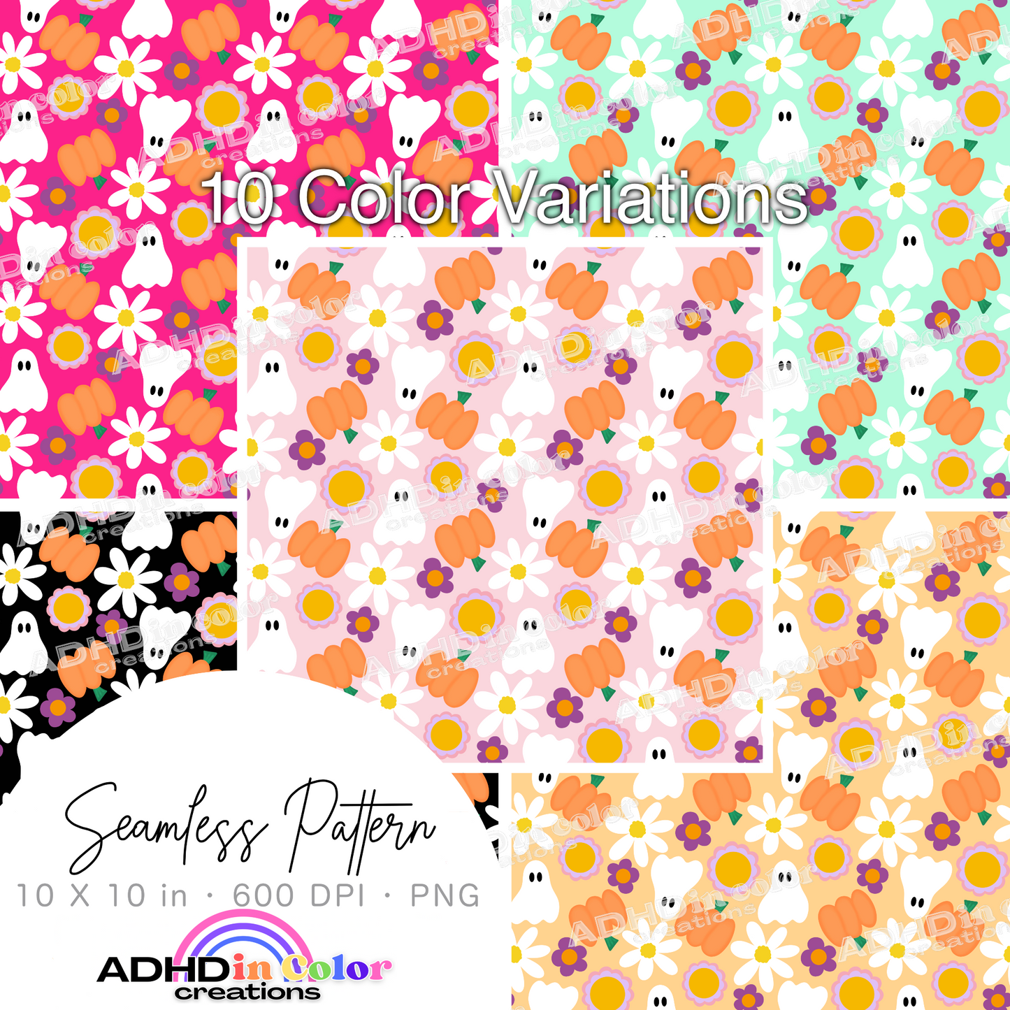 Pumpkin Ghosts and Flowers Seamless Pattern for Commercial Use