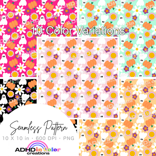 Pumpkin Ghosts and Flowers Seamless Pattern for Commercial Use